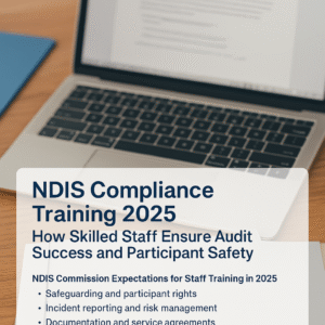 “NDIS compliance training in 2025 – diverse staff attending a training session with a trainer presenting compliance checklists, safeguarding policies, and audit-ready documents.”